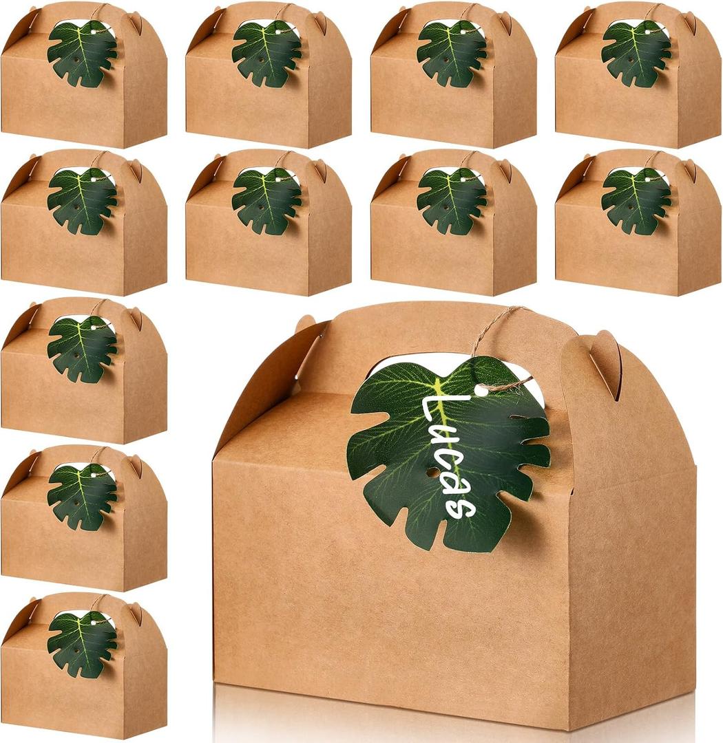 Honoson 24 Set Safari Jungle Gift Bags Bulk Tropical Luau Bags with Palm Leaves Brown Kraft Goodie Gable Bachelorette Boxes Bridesmaid Party Favors for Baby Shower Favors Wedding