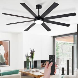 DLLT Large Ceiling Fans with Lights: 72in Modern Indoor/Outdoor Ceiling Fan for Living Room Patio - Black Ceiling Fans with Remote APP Control 8 Blades Reversible Quiet DC Motor Timer 6 Speeds 3 CCT (Black+ Red Walnut)