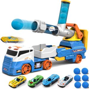 Dwi Dowellin Truck Toys Kids Toys, 28"Carrie Truck Race Track Car Toys Include 4 Race Cars+6 Soft Balls, Light&Sound, Eejection&Shooting Transport Trucks Toy, Xmas Gifts for Toddlers 3+ Year Old-Blue