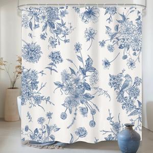 LIGHTINHOME Blue Floral Shower Curtain 72Wx72H Inches,Boho Vintage Navy and White Flowers Bathroom Curtains,Decorative Bird Farmhouse Shower Curtain Set,Chinoiserie Aesthetic Bathroom Decor with Hooks
