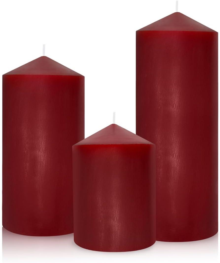 Dripless 3x4 3x6 3x8 Inch Red Burgundy Pillar Candles, 3 Packs Unscented Long Lasting Large Solid Colored Different Sizes Cylinder Column Candles for Home Table Decor Power Outage Emergency