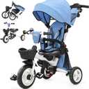 JMMD 8 in 1 Tricycle Stroller with Push Handle, Foldable Trike with 360 Swivel Seat, Reclining Backrest, All-Terrain Wheels, Dual Brakes, Canopy & Storage, Gift for Kids 18 Months to 5 Years, Blue, Medium