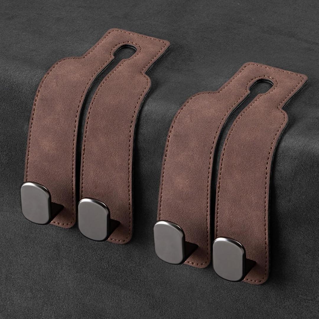 2 Pack Car Hooks for Headrest, Headrest Hooks Car Purse Hook Car Seat Back Storage Hook Premium Leather Car Seat Holder for Headrest Purses and Bags (Brown)