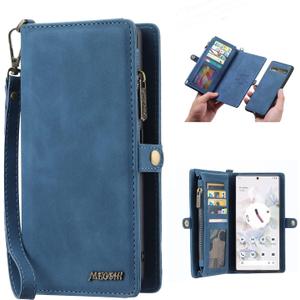 Simicoo Pixel 8 Pro Wallet case, Pixel 8 Pro Flip Leather case Card Slots Holder Zipper Purse Detachable Magnetic Cover Hand Strap Cash Pocket Pouch Wallet for Woman Man (Blue)