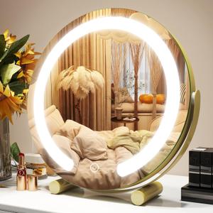 Gold Vanity Mirror, 12 Inch Makeup Mirror with Lights, Large Lighted Vanity Mirror, Light Up Mirror with Smart Touch 3 Colors Dimmable, Tabletop, 360 Rotation