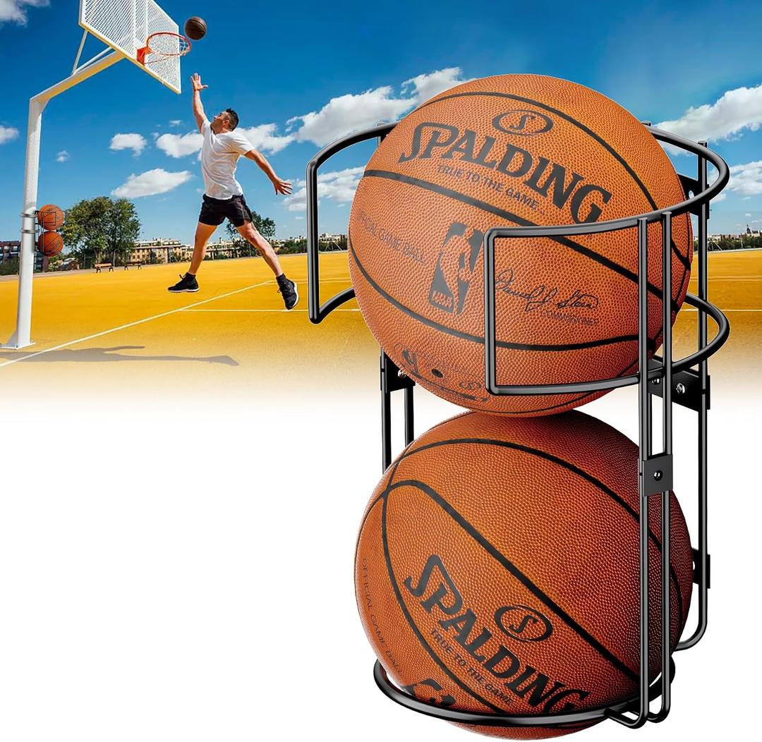 Vertical Ball Rack, Durable Standing Holder Wall Mount for Garage, Hanging Basketball Storage for Indoor or Outdoor, Sport Organizer for 2 Balls, Pole or Wall Mounted