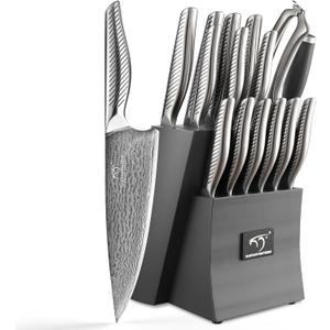 NANFANG BROTHERS 16 Pieces Damascus Kitchen Knife Set, High Carbon Damascus Steel Chef Knife Set, Stainless Steel Ergonomic Handle for Chef, with Built-in Sharpening Rod