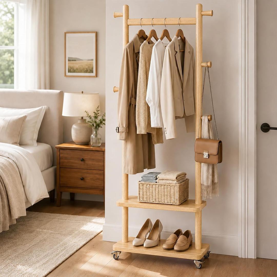 Coat Rack Freestanding Solid Wood Clothes Rack with Wheels
Space Saving,Stable 5 Hooks 2 Shelves Coat Tree,Silent 360 Degree Wheels,Heavy Duty 150 lb Capacity for Entryway Bedroom
