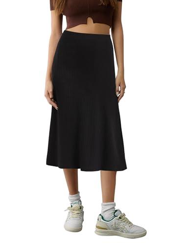 Urban CoCo Women's Elastic High Waist A-Line Flared Midi Skirt Solid Ribbed Knit Skirts (Black, S)
