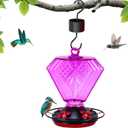 Glass Hummingbird Feeder for Outdoors Hanging, 20 OZ Humming Birds Feeders with 5 Bee Guard Feeding Ports and Built-in Ant Moat, Bird Feeder for Outside Diamond Shape, Purple