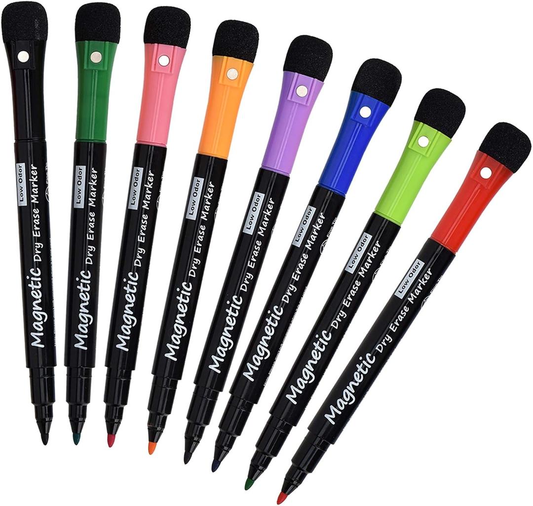 Magnetic Dry Erase Markers, (8 Pack) Dealkits Low Odor White Board Markers Whiteboard Markers with Erasers for Kids Teacher Supplies for Classroom Work on White Board, Calender, Fine Tip Point (Multicolored)