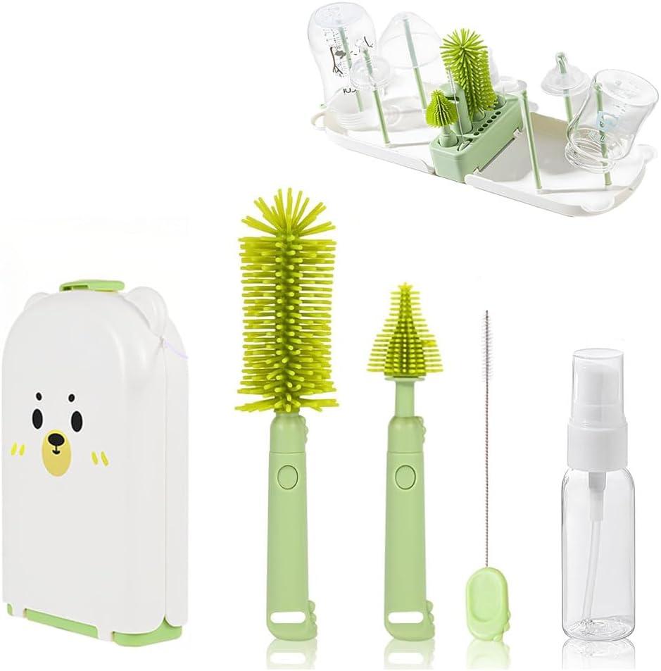 Baby Bottle Brush Set, 6-in-1 Compact Bottle Brush Set for Infant Feeding, Breast Pump Parts & On-The-Go Washing – Baby Travel Essentials for Flyingls (Green)