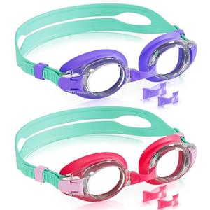 Aegend 2 Pack Kids Goggles, Swimming Goggles for Kids Age 4-16 Boys and Girls Youth, Anti-Fog Pool Goggles, Light Purple & Red