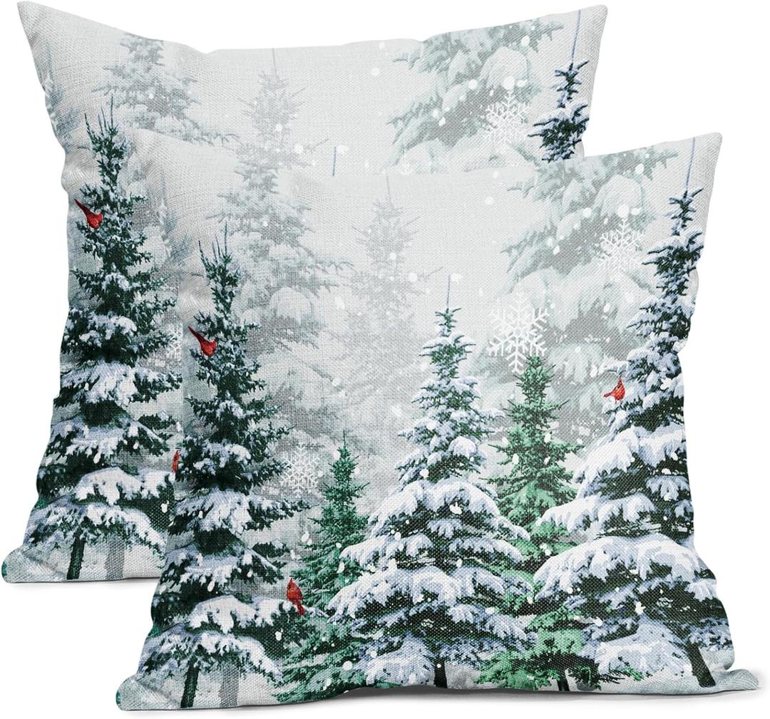 Christmas Forest Pillow Covers 18X18 Inch Watercolor Blue Green Xmas Tree Snow Red Birds Decorative Pillow Cases Set of 2 Winter Holiday Throw Pillows Farmhouse Home Decor For Sofa Couch Cushion