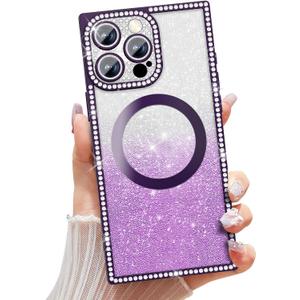 Misscase Magnetic Glitter Case for iPhone 16 Pro Max 6.9 Inch, Camera Protection, Compatible with MagSafe, Rectangle Cute Bling Sparkle Diamond Colorful Phone Cover, Drop-Tested & Shockproof-Purple