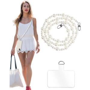 Phone Crossbody Chain Cell Phone Lanyard,Universal Leather+Metal Shouder Strap with Phone Tether Patches (D)