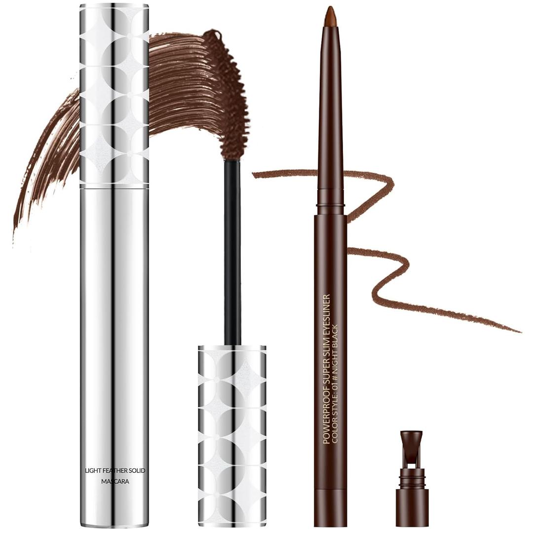 2PCS Brown Mascara for Older Women 60 Plus and Eyeliner Pencil Set,Mascara Volume and Length for Mature Women,Cream Eye Liner Gel Pencil,Waterproof Smudge Proof Long Lasting