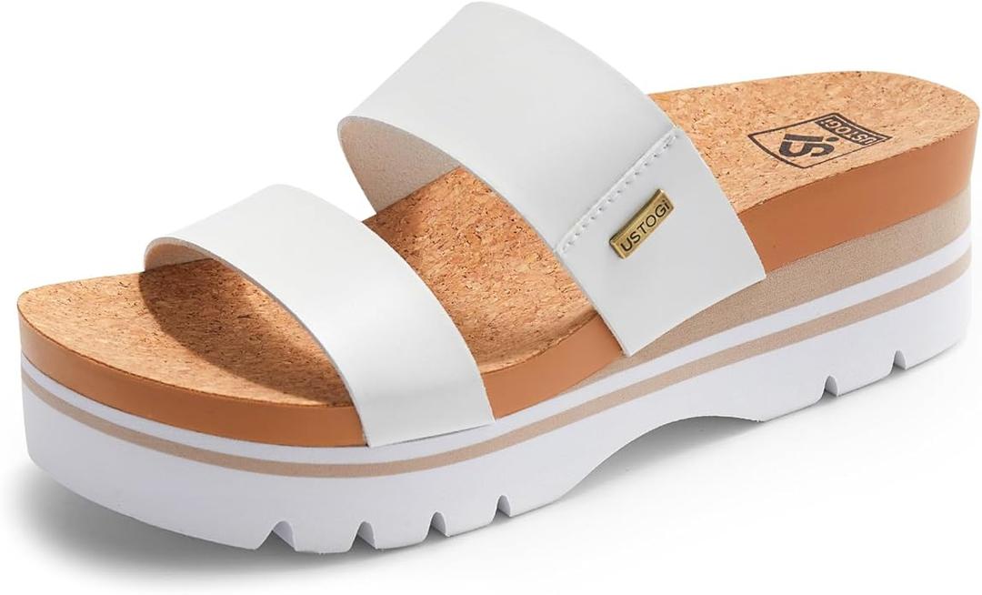 Ustogi Women's Higher Platform Sandals Arch Support Beach Slides for Woman Orthotic Summer Causal Cork Footbed Slip on Cushion Cute 2 Strap Flatform, 7.5