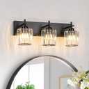 Black Crystal Bathroom Vanity Lights, Modern 3-Lights Bathroom Lighting Fixtures Over Mirror, Crystal Wall Lighting with Round Shade