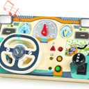 Busy Board Montessori Toys for 1 2 3 Year Old, Wooden Toddler Sensory Toy Busy Board with LED Lights Sound Switch, Toddlers Activity Travel Toy, Steering Wheel Toddler Toys Christmas Gift for Boy Girl