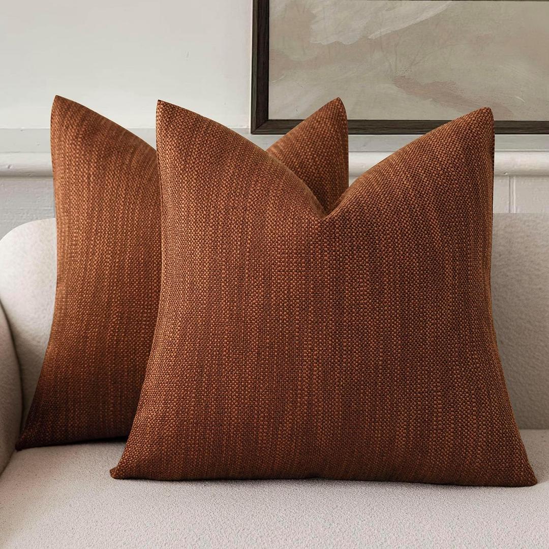 Foindtower Set of 2 Decorative Textured Burlap Linen Throw Pillow Covers Farmhouse Boho Cushion Cover Solid Accent Pillowcase for Couch Sofa Bed Living Room Home Decor, 2222 Inch,Dark Rust Brown (Umber)
