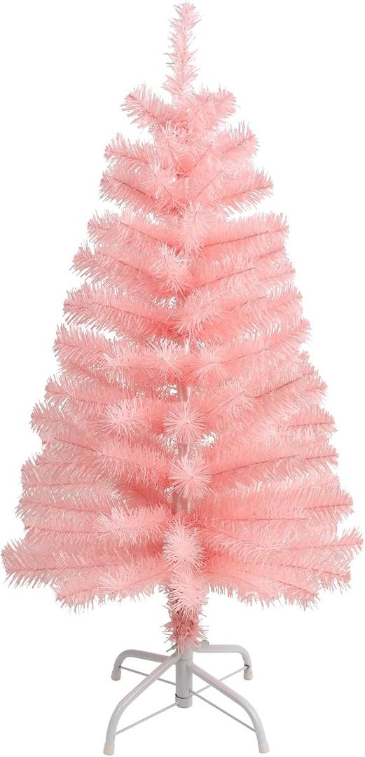 CCINEE 3Ft Artificial Christmas Tree, Pink Tabletop Hinged Christmas Tree with Metal Stand 130 Branch Tips Mini Tree for Xmas Party Supplies Home Indoor Decoration