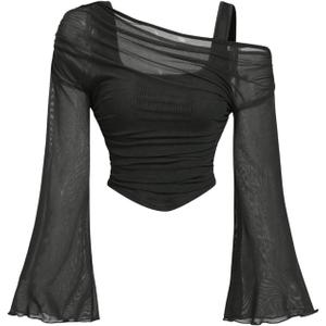 BEAUDRM Women's Y2K Off The Shoulder Tops Long Bell Sleeve Mesh Shirt Ruched Crop Top Rave Clubwear (Medium, Black)