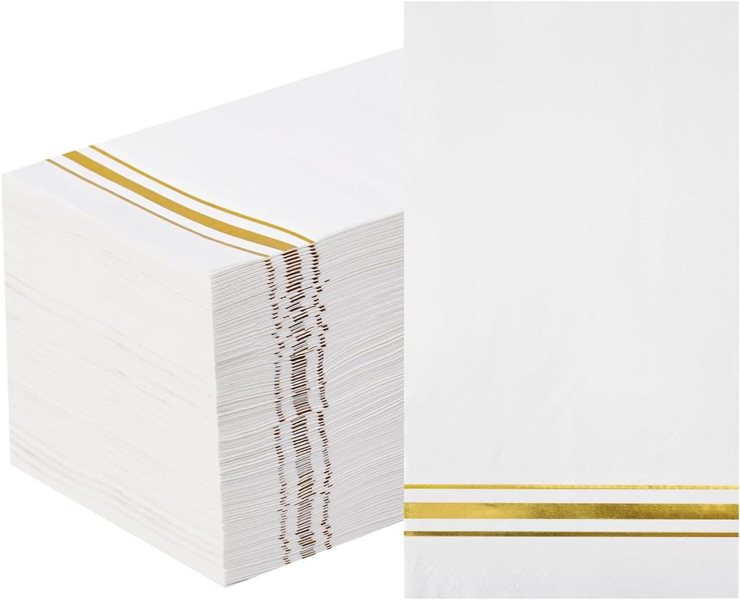 100 3-Ply Gold Napkins Disposable Elegant Dinner Paper Napkins, White and Gold Foil Guest Napkins Hand Towels for Bathroom Wedding Kitchen Birthday Parties Graduation