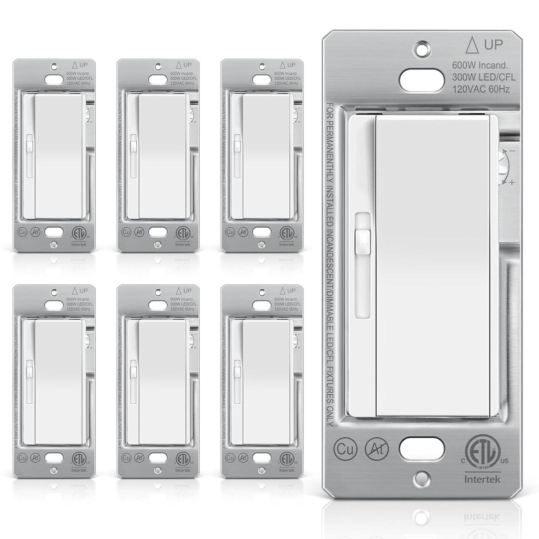 BESTTEN 6 Pack Super Slim Slide Dimmer Light Switch, Single Pole or 3 Way Dimmer Switches, Compatible with LED Dimmable Lamp, CFL, Incandescent, Halogen Bulb, ETL Listed, White