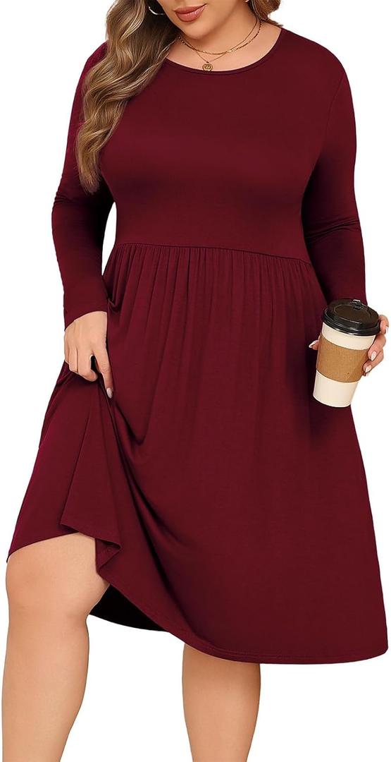 POSESHE Women's Plus Size Dresses Long Sleeves Crew Neck Casual Dresses Empire Waist Loose Flowy Dress with Pockets (X-Large Plus, C5-Burgundy)