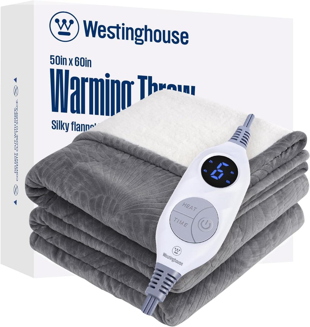 Westinghouse Electric Throw Blanket, Flannel Sherpa Heated Throw with 6 Heating Levels and 2-10 Hours Auto-Off, Flower Jacquard Heated Blanket, Fast Heating & ETL Certification, 50" x 60" Inch, Grey
