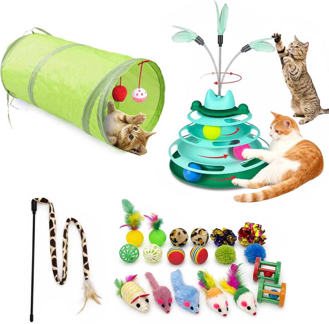 22 PCS Cat Toy Assortment with Crinkle Tunnel, Interactive Cat Toys Variety Pack for Indoor Cats, Kitten Toy Set with Mouse Toy, Feather Toy, Crinkle Balls & Tunnel Toys