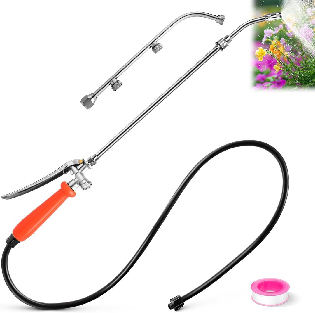 Enhon All Metal Pump Sprayer Wand with 2 Types of Nozzles, 3 Hole Nozzle Replacement, Stainless Steel Pump Action Pressure Sprayer with Adjustable Nozzle & Hose