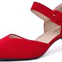 RIBONGZ Comfortable Kitten Heels for Women Pointed Closed Toe Ankle Strap Buckle Heels Slip on Low Heel Church Pumps Wedding Bridal Party Dressy Shoes (9.5, Red)