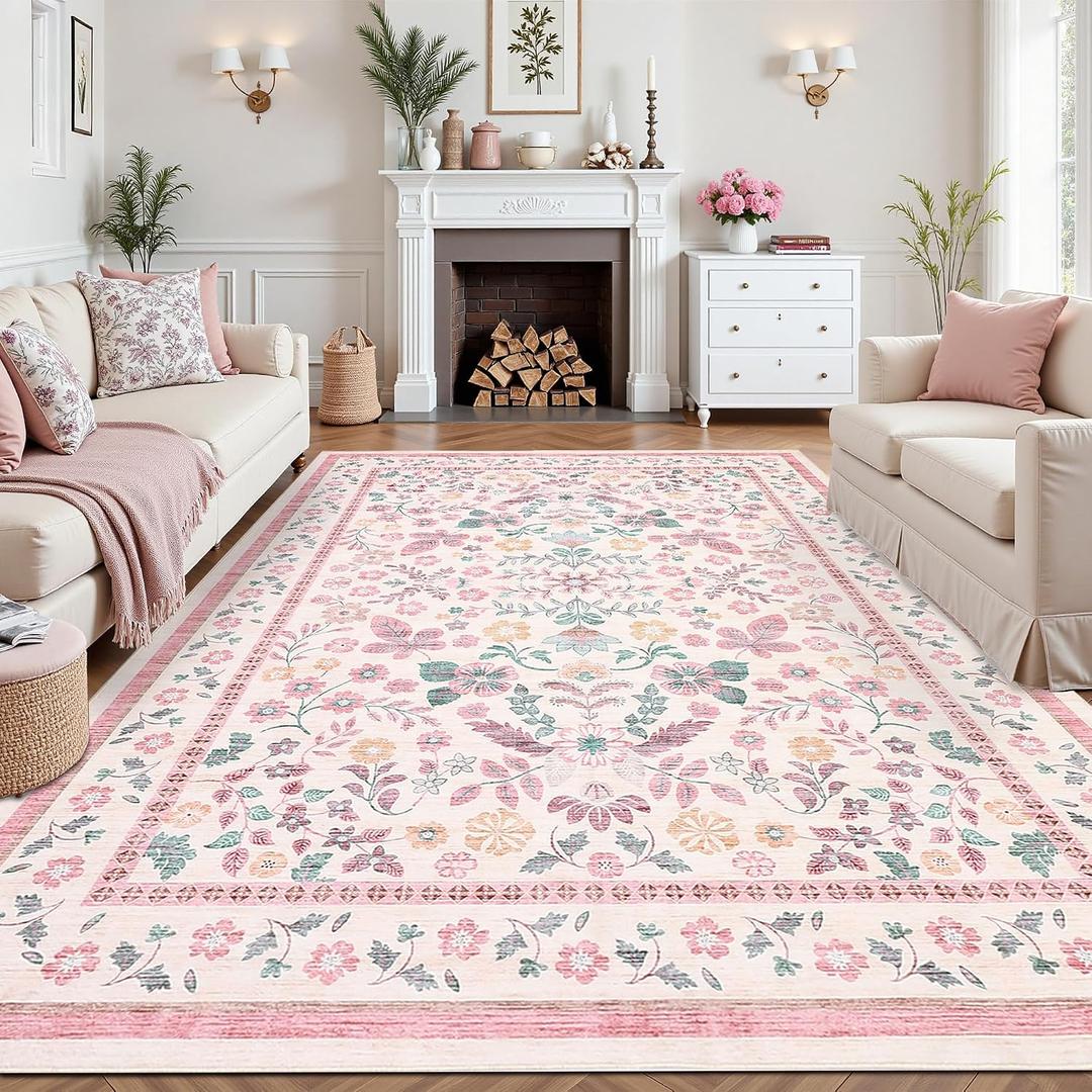 GarveeHome 10x14 Area Rugs for Living Room Machine Washable Floral Rugs Soft Stain Resistant Non-Slip Backing Low Pile Floor Carpet for Bedroom Girls Room Farmhouse Pink