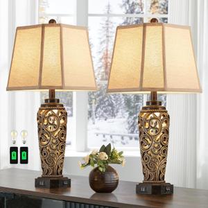 27" Set of 2 Farmhouse Table Lamps for Living Room with USB A+C Ports, Vintage Nightstand Bedroom Lamp and Nightlight, Hollow Out Resin Desk Lamps, 2 Bulbs Include (Bronze)