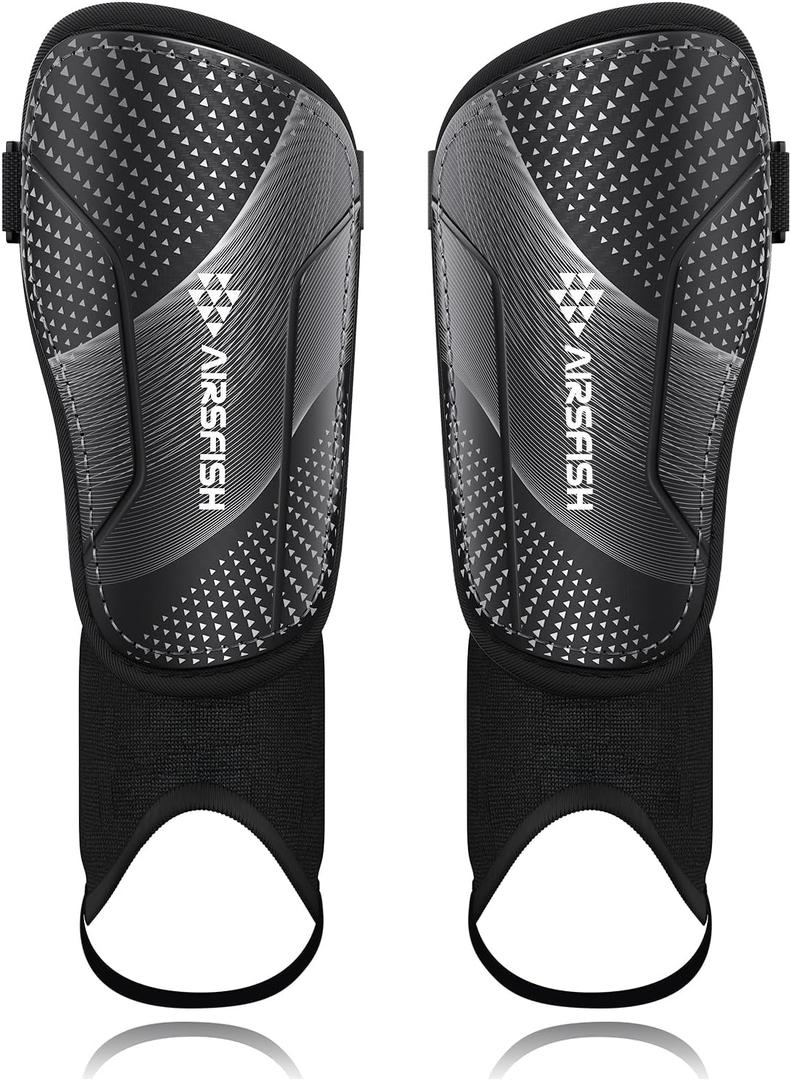 Upgraded Soccer Shin Guards for Kids Youth Adults, CE Certified AirsFish Shin Guard Sleeves Protection Gear for Boys Girls Soccer Games EVA Cushion Reduce Shocks and Injuries (Small, Carbon Black)