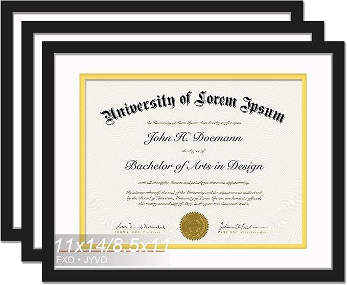 Fxojyvo Black 11 x 14 Diploma Frame Set of 3, Display Document 8.5x11 with Mat or 11x14 Without Mat, Certificate Frame with Black&Gold Mat for Masters Associates Bachelor Degree  3 Packs