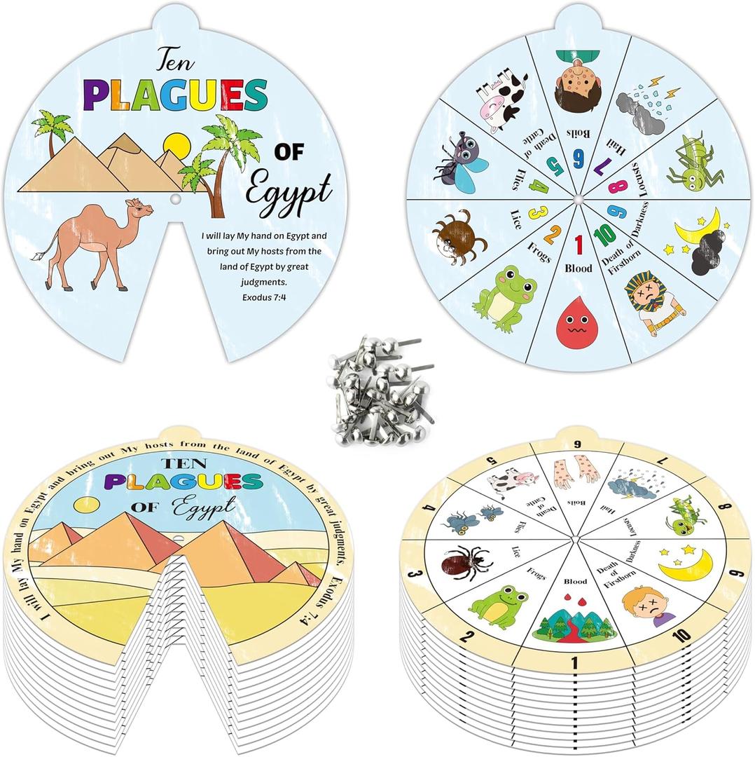 AsodSway Passover Color Wheel Crafts - 72P Summer Ten Plagues Paper Crafts Painting Your Own Religion Bible Wheel Coloring Cards DIY 10 Plagues Cards for Kids Pesach Seder Sunday School Christian Game