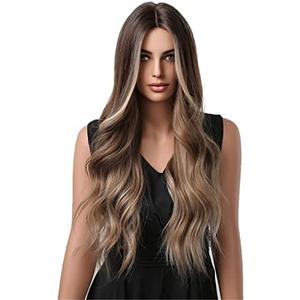 PATTNIUM Ombre Blonde Wigs for Women Long Brown Mixed Blonde Wigs Long Wavy Curly Highlights Wig Heat Resistant Synthetic Wig with Wig Cap (Ombre Brown Blonde)