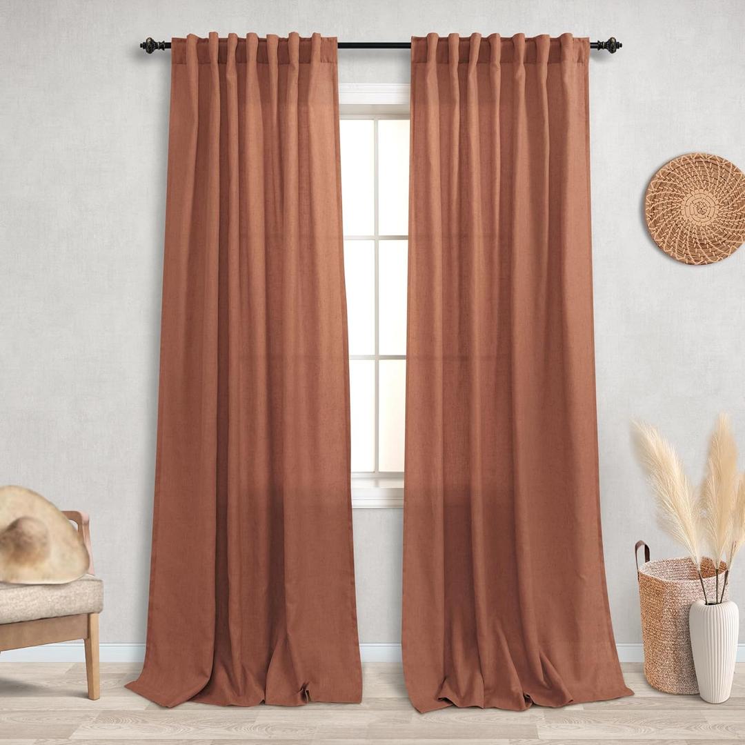 KOUFALL Terracotta Boho Curtains for Living Room,Sheer Rust Colored Linen Rustic Chic Decor Western Curtains for Bedroom 2 Panels Set 84 Inches Long