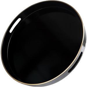 Black Round Decorative Tray with Handles, 13" Versatile Serving Tray for Coffee Table, Ottoman, Ideal for Serving, Displaying, Organizing
