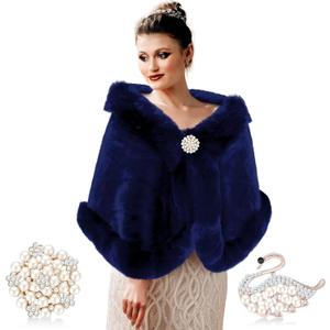 Jadive Faux Fur Shawl Wraps for Women with 2 Rhinestone Brooches Wedding Bridal Faux Fur Cape Stoles Coat Jacket (Blue)