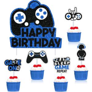 31 Piece Video Game Happy Birthday Cupcake Toppers Cake Toppers Video Gamer Party Decorations Supplies Picks Gaming Theme Birthday Party Banner Game Controller Backdrop for Kid Boys Gaming (Blue)