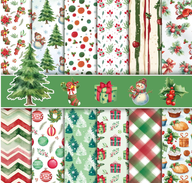 Konsait 24 Sheets Christmas Scrapbook Paper 12x12, Double Sided Watercolor Christmas Pattern Paper Xmas Decorative Papers Xmas Cardstock Pad Origami Papers for Card Making Scrapbook Supplies