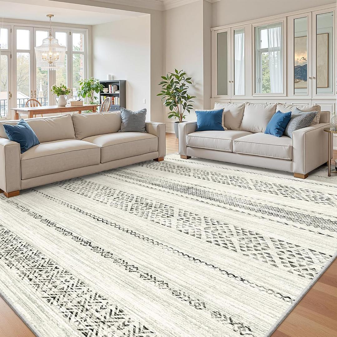 Miukiki 9x12 Area Rug for Living Room Moroccan Washable Rugs Non Slip Indoor Floor Carpet Foldable Large Soft Area Rug for Dining Room Bedroom with Low Pile(Grey,9'x12')