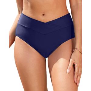 Women V Cut Full Coverage Bikini Bottom - High Waist Swim Bathing Suit Bottoms Cross V Front Swimsuit (Medium)