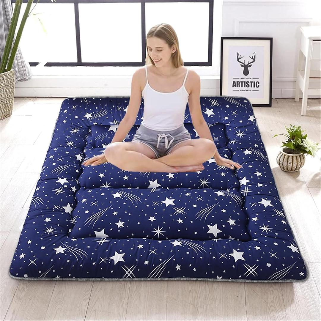 Japanese Floor Mattress,Thicken Japanese Floor Sleeping Pad Foldable,Roll Up Tatami Mat Easy to Store and Portable,Futon Mattress Suitable for Camping and Guest Room (Starry Blue, Queen (80" X 60"))