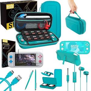 Orzly Switch Lite Accessories Bundle  Case & Screen Protector for Nintendo Switch Lite Console, USB Cable, Games Holder, Grip Case, Headphones, ThumbGrip Pack & More (Gift Pack  Turquoise Blue)
