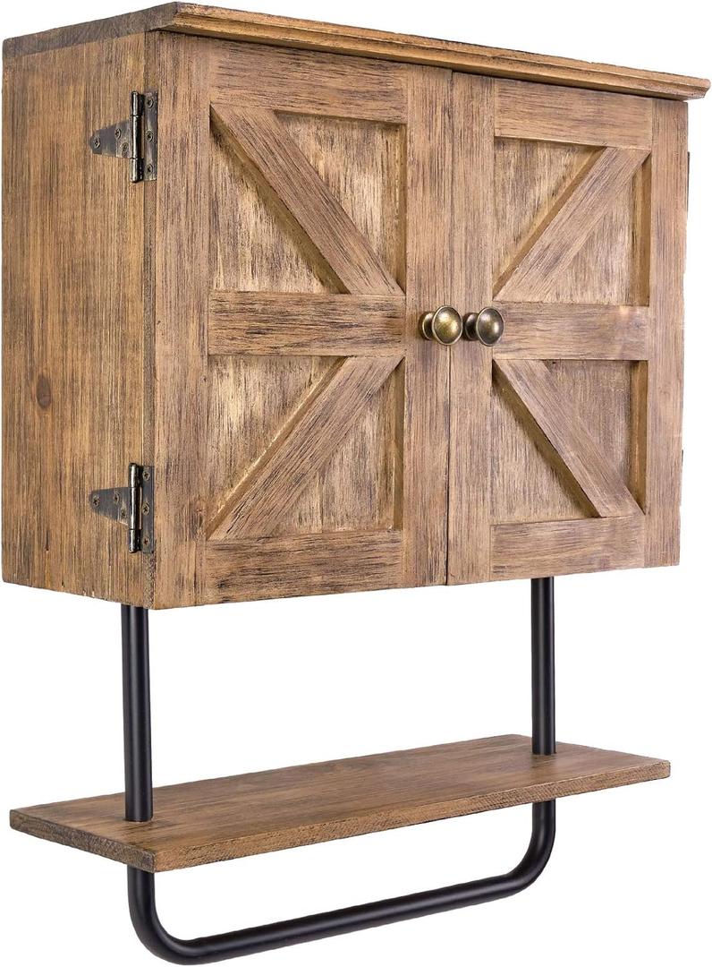 EXCELLO GLOBAL PRODUCTS 17x21'' Barndoor Bathroom Wall Cabinet, Space Saver Storage Cabinet Kitchen Medicine Cabinet with Adjustable Shelf and Towel Bar, Brown (Medium)